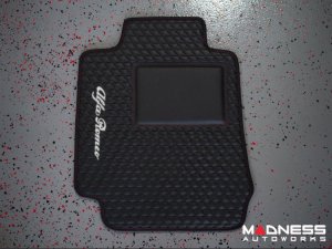 Alfa Romeo Giulia Floor Mats - Italian Leather - Front - Black w/ Red Stitching - White Script